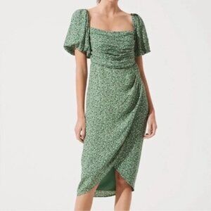 ASTR The Label Green Floral Square Neck Bubble Sleeve Midi Dress - Size Medium